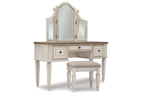 Realyn Two-tone Vanity and Mirror with Stool by Ashley at Eve Furniture