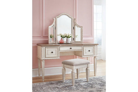 Realyn Two-tone Vanity and Mirror with Stool by Ashley at Eve Furniture