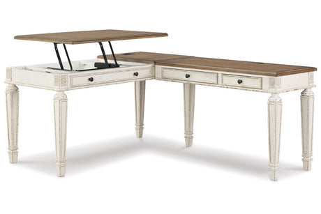 Realyn White/Brown 2-Piece Home Office Lift Top Desk by Ashley at Eve Furniture