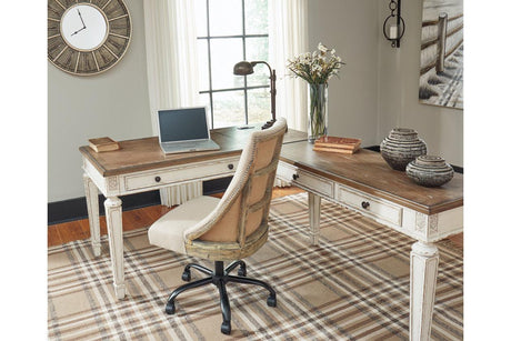 Realyn White/Brown 2-Piece Home Office Lift Top Desk by Ashley at Eve Furniture