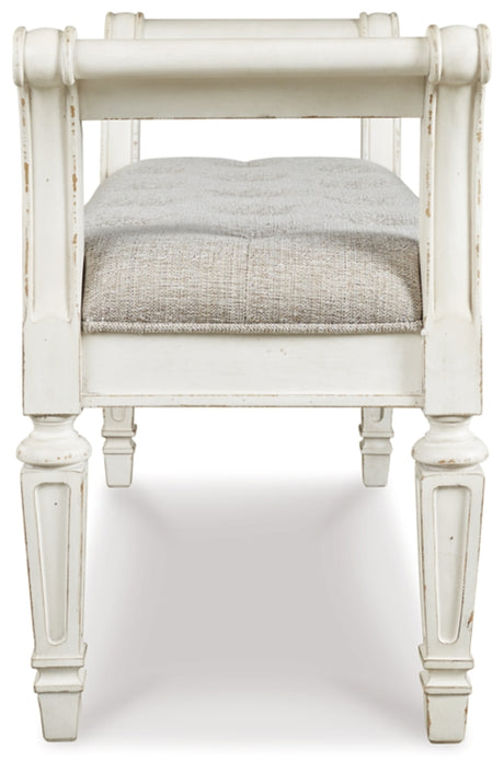 Realyn Antique White Accent Bench by Ashley at Eve Furniture