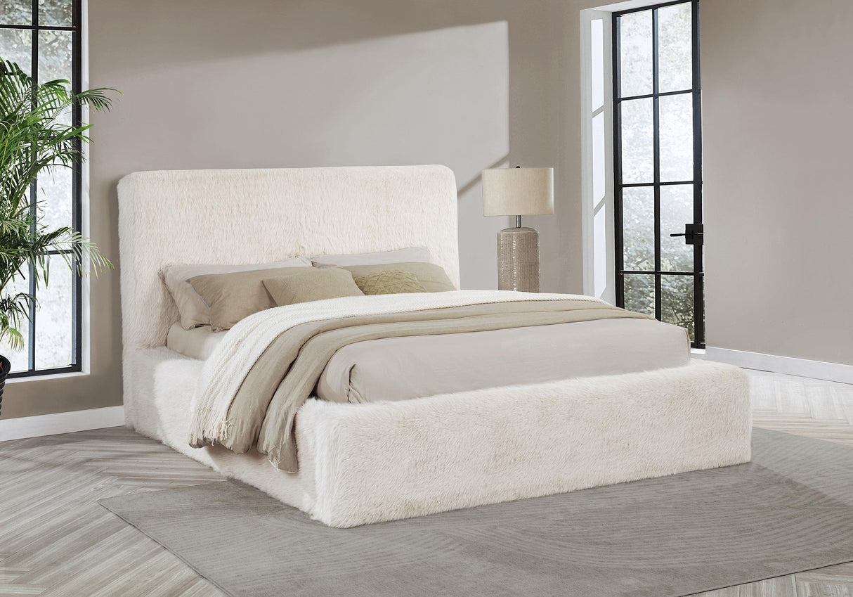 Rebecca Cream Faux Fur Upholstered Queen Bed by Coaster at Eve Furniture