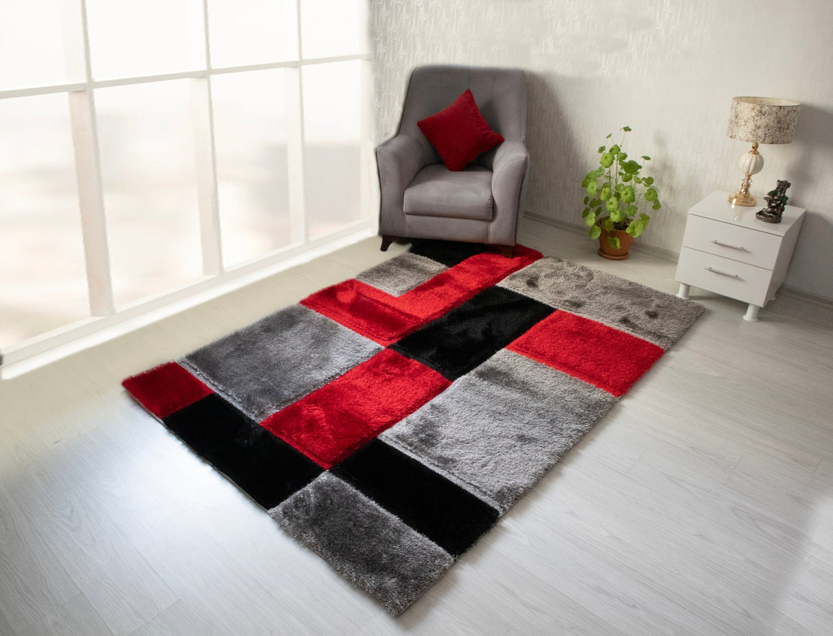 3D Shaggy Gray/Red 5X7 Area Rug