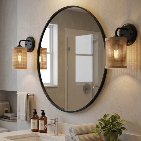 Reef 1-Light Rattan Wall Sconce with Black Metal Finish by Ashcroft Furniture at Eve Furniture
