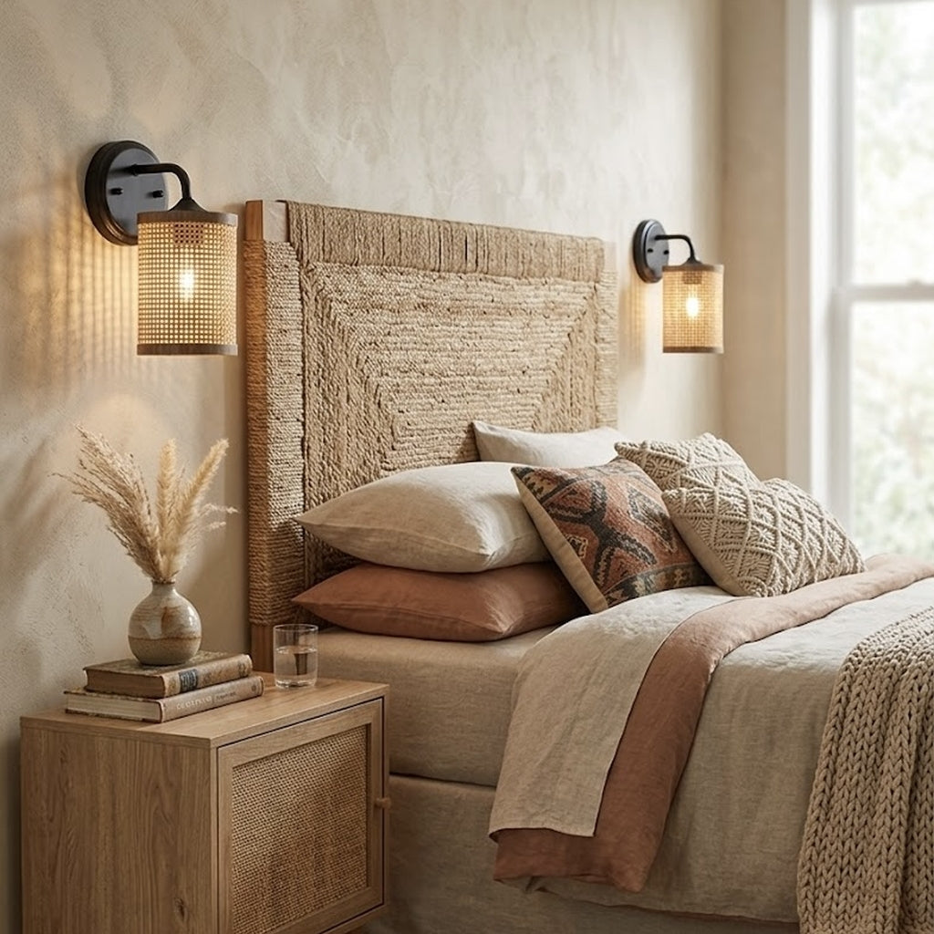 Reef 1-Light Rattan Wall Sconce with Black Metal Finish by Ashcroft Furniture at Eve Furniture