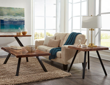 Reese Live Edge Solid Wood Metal Leg Coffee Table in Natural Acacia by Modus Furniture at Eve Furniture