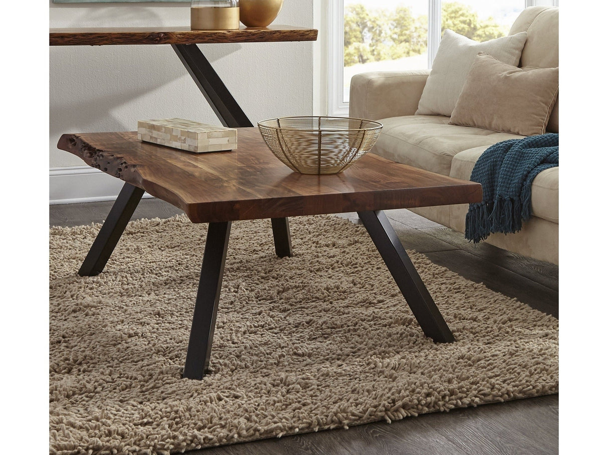 Reese Live Edge Solid Wood Metal Leg Coffee Table in Natural Acacia by Modus Furniture at Eve Furniture