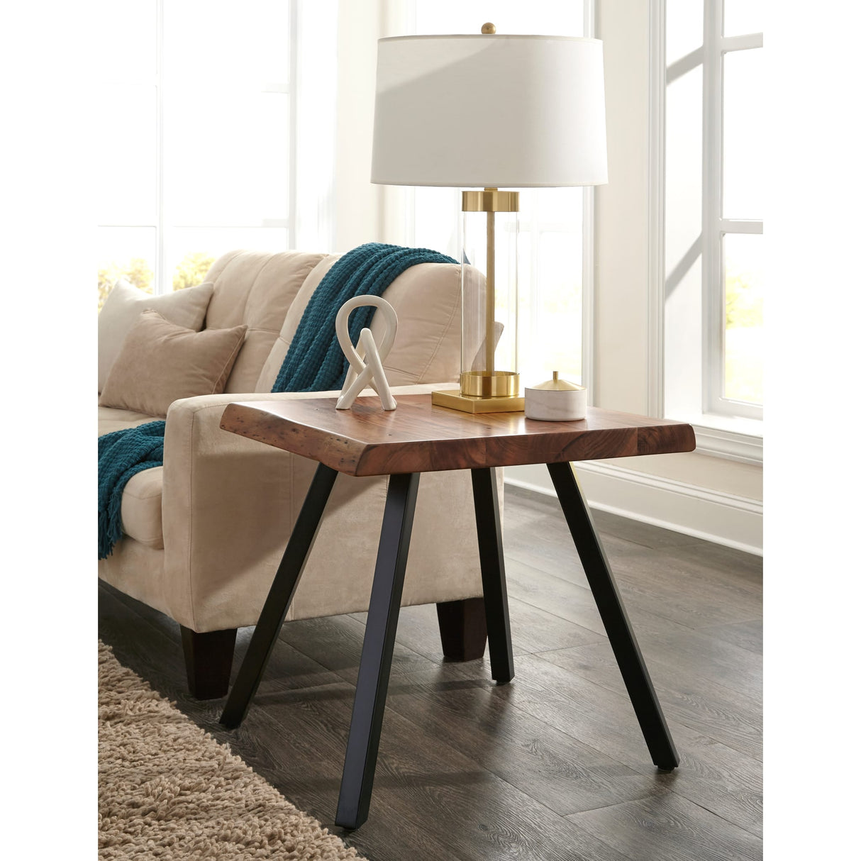Reese Live Edge Solid Wood Metal Leg End Table in Natural Acacia by Modus Furniture at Eve Furniture