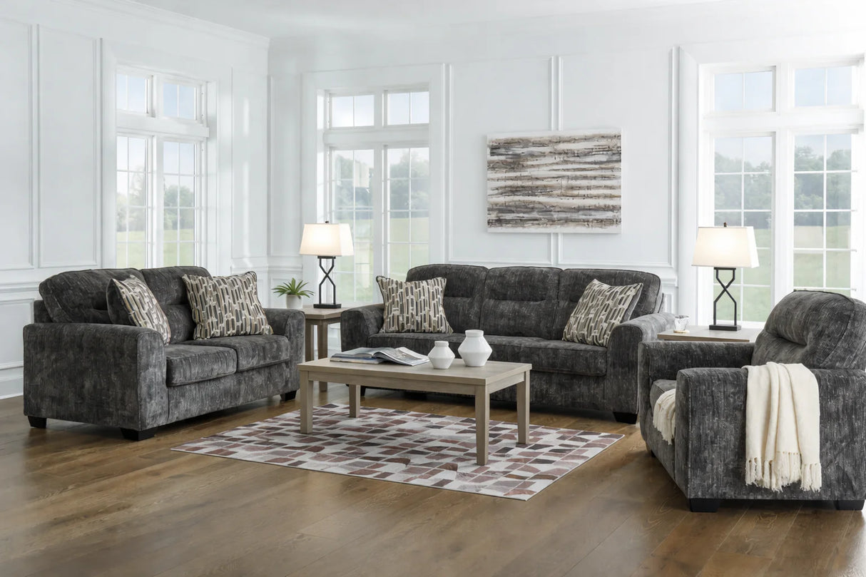 Lonoke Gunmetal Sofa, Loveseat and Oversized Chair by Ashley at Eve Furniture