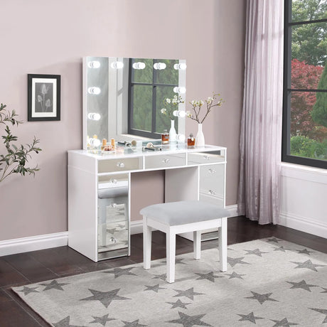 Regina White 3-piece Makeup Vanity Table Set Hollywood Lighting Mirror by Coaster at Eve Furniture