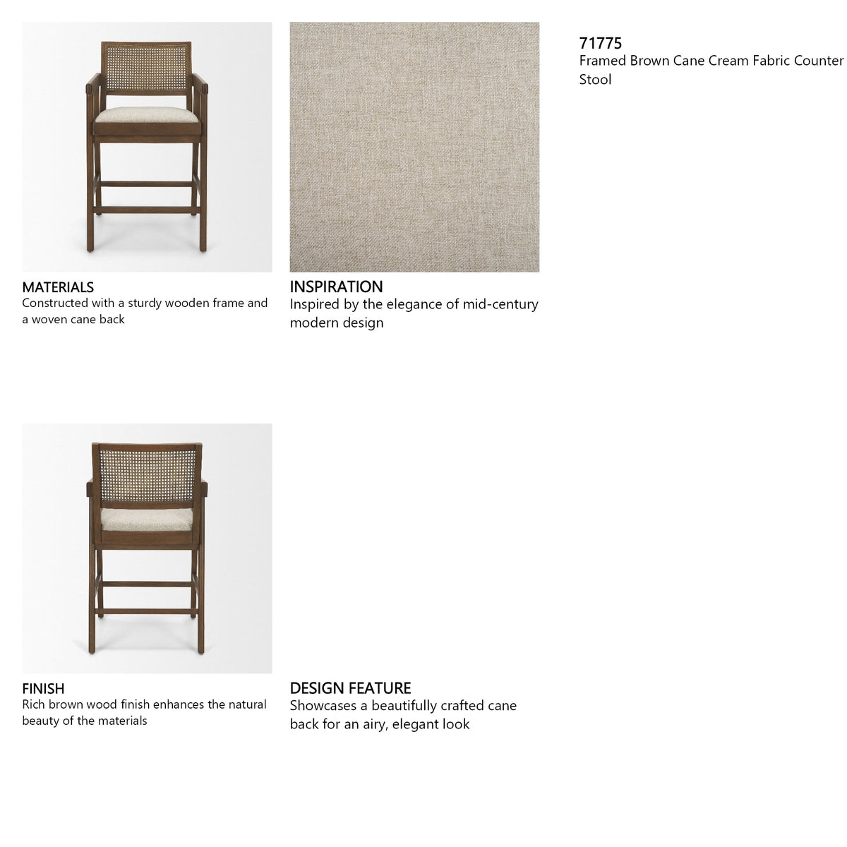 Reid Backless 38in Seat Counter Stool | Brown Wood w/ Cane Back by Mercana at Eve Furniture