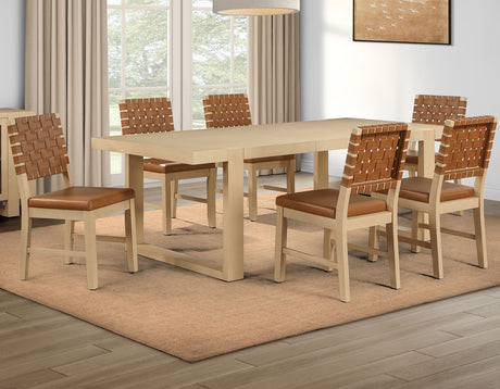 Reid Camel Vegan Leather 5-Piece 77-95″ Dining Set, Sand Finish by Steve Silver at Eve Furniture