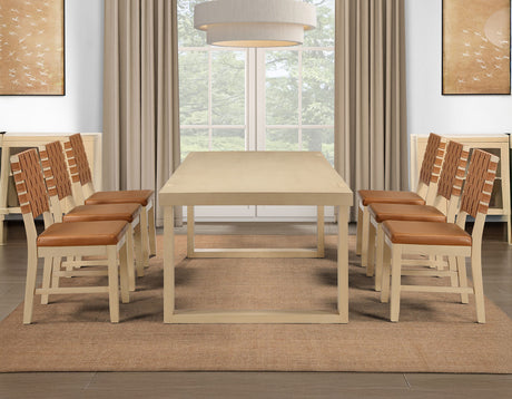 Reid Camel Vegan Leather 5-Piece 77-95″ Dining Set, Sand Finish by Steve Silver at Eve Furniture