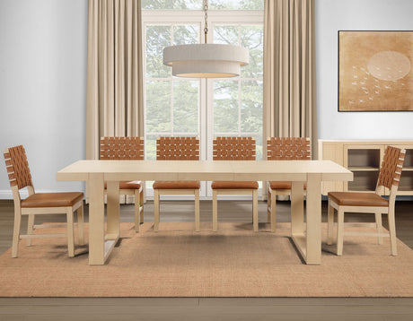 Reid Camel Vegan Leather 5-Piece 77-95″ Dining Set, Sand Finish by Steve Silver at Eve Furniture