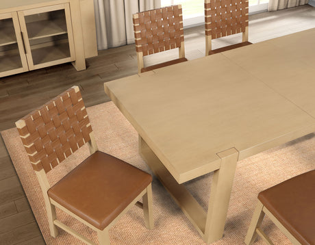 Reid Camel Vegan Leather 5-Piece 77-95″ Dining Set, Sand Finish by Steve Silver at Eve Furniture