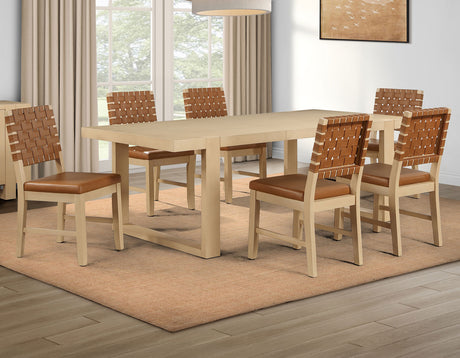 Reid Camel Vegan Leather 5-Piece 77-95″ Dining Set, Sand Finish by Steve Silver at Eve Furniture
