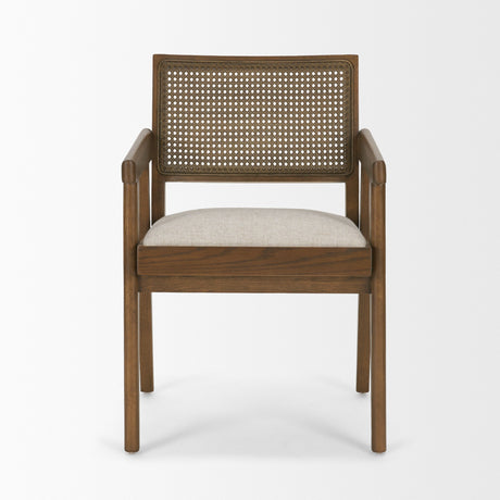 Reid Framed Brown Cane Cream Fabric Dining Armchair by Mercana at Eve Furniture