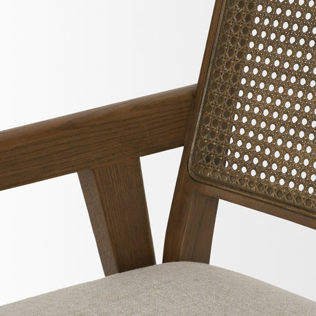 Reid Framed Brown Cane Cream Fabric Dining Armchair by Mercana at Eve Furniture