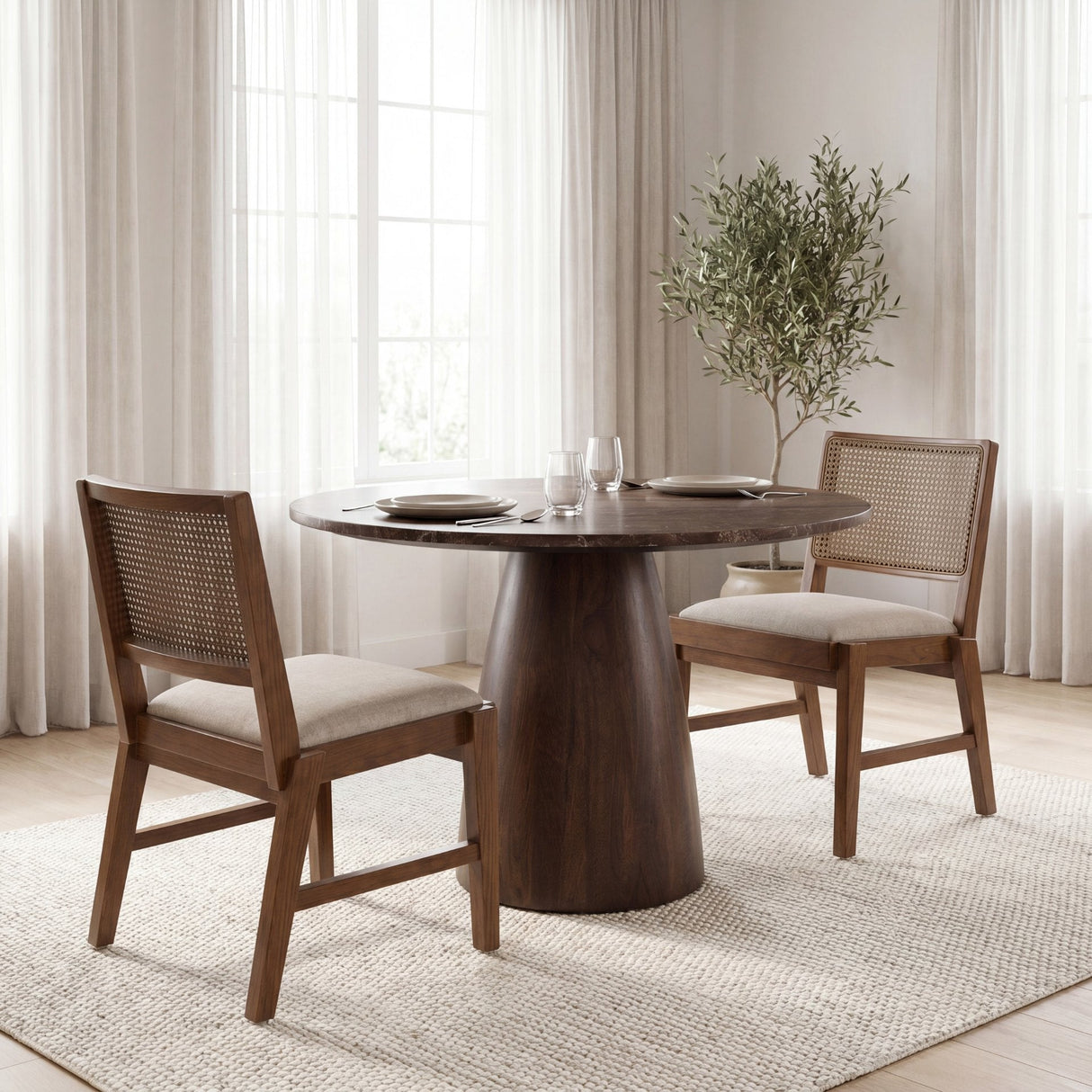 Reid Framed Brown Cane Cream Fabric Dining Chair, Set of 2 by Mercana at Eve Furniture