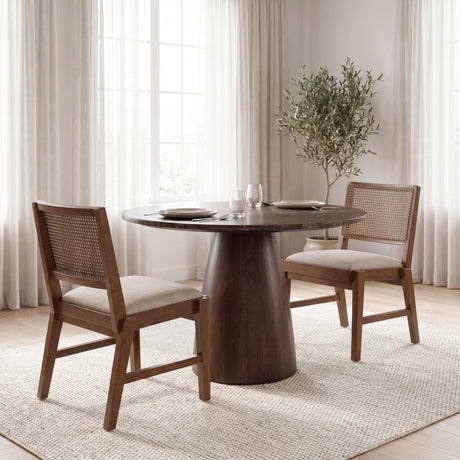 Reid Framed Brown Cane Cream Fabric Dining Chair, Set of 2 by Mercana at Eve Furniture