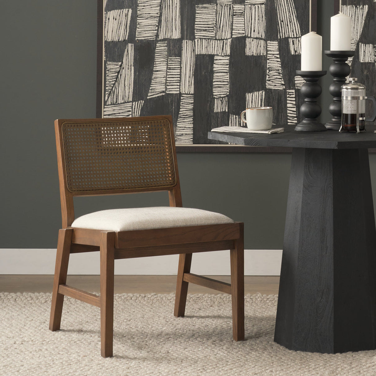 Reid Framed Brown Cane Cream Fabric Dining Chair, Set of 2 by Mercana at Eve Furniture