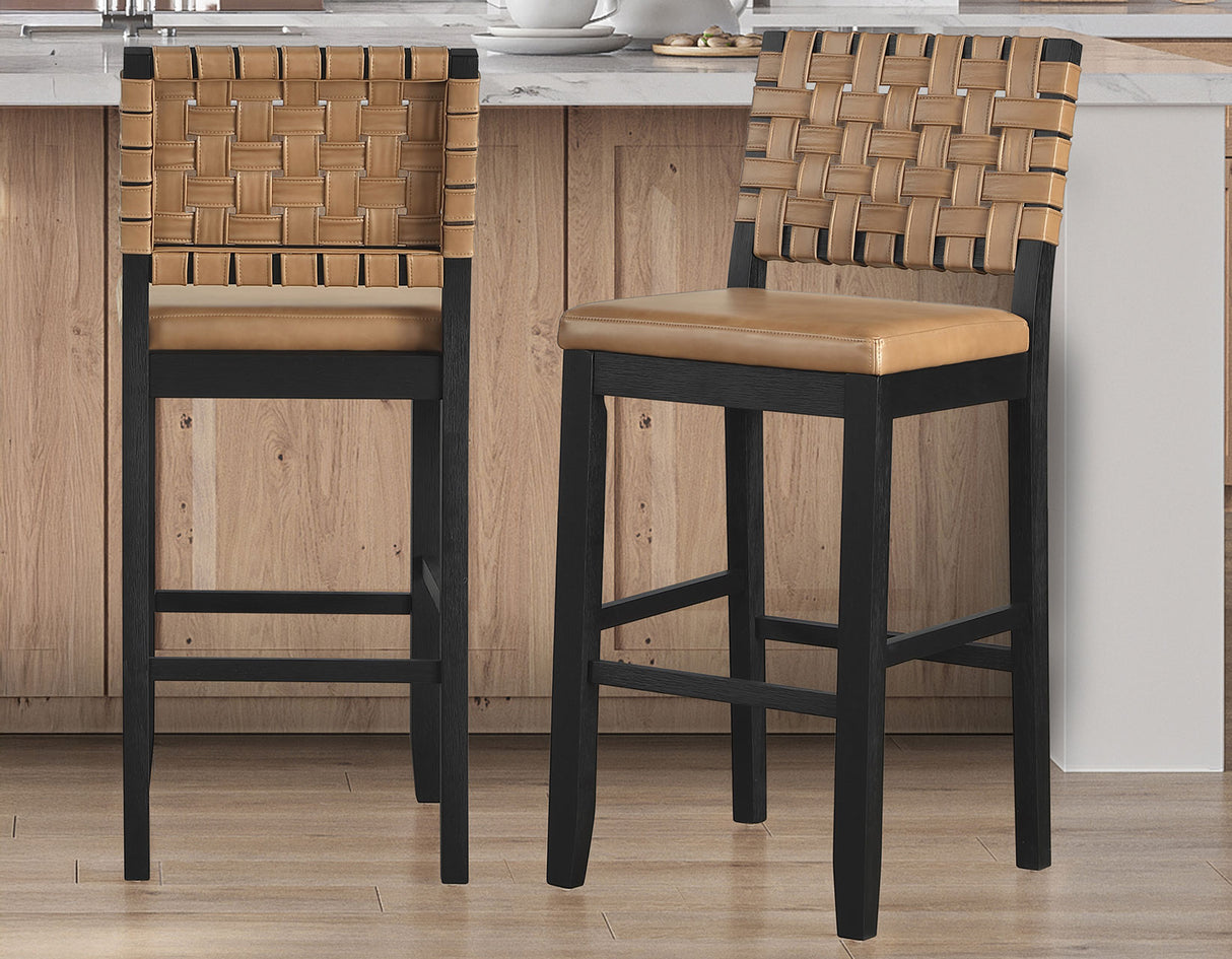 Reid Saddle Brown Vegan Leather 30″ Bar Stool, Black Finish by Steve Silver at Eve Furniture