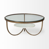 Reinhardt 36" Round Glass Top Marble Shelf Gold Metal Base Coffee Table by Mercana at Eve Furniture