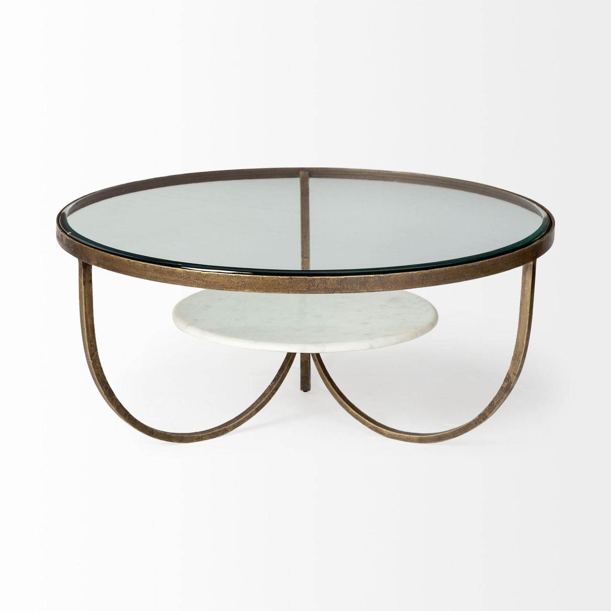 Reinhardt Round Glass Top Marble Shelf Gold Metal Base Coffee Table by Mercana at Eve Furniture