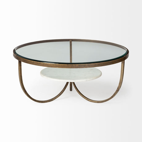 Reinhardt Round Glass Top Marble Shelf Gold Metal Base Coffee Table by Mercana at Eve Furniture