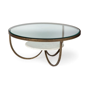 Reinhardt Round Glass Top Marble Shelf Gold Metal Base Coffee Table by Mercana at Eve Furniture