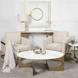 Reinhold Round White Marble Top Gold Metal Base Coffee Table by Mercana at Eve Furniture