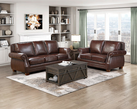 Remington Brown Leather Reclining sofa and Loveseat by Homelegance at Eve Furniture