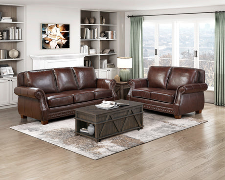 Remington Brown Leather Reclining sofa and Loveseat by Homelegance at Eve Furniture