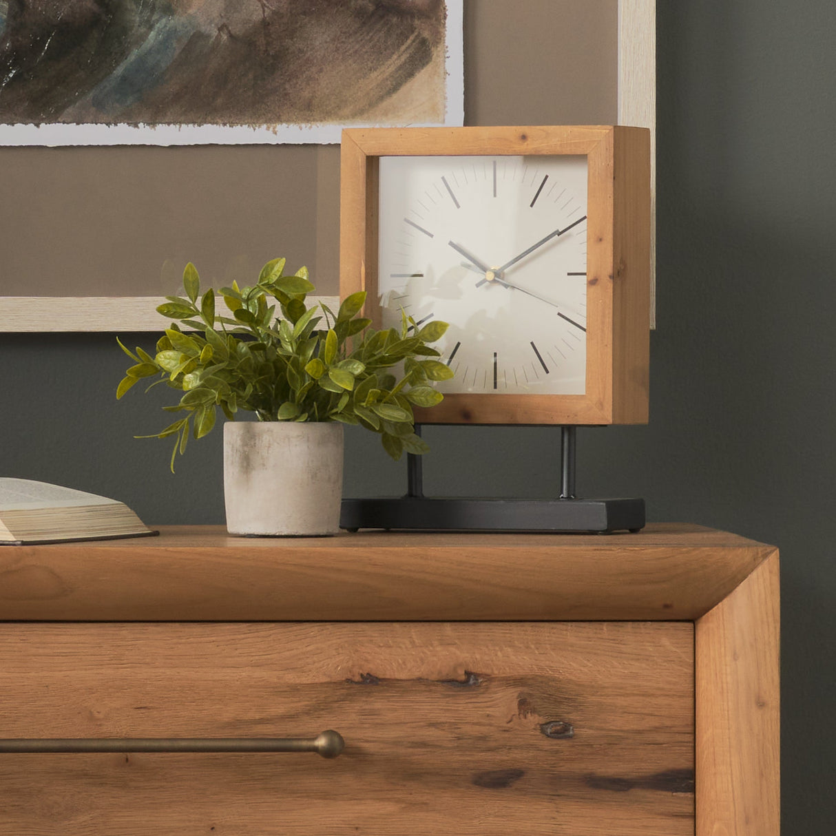 Renaya Light Brown Wood w/ Matte Black Metal Base Table Clock by Mercana at Eve Furniture