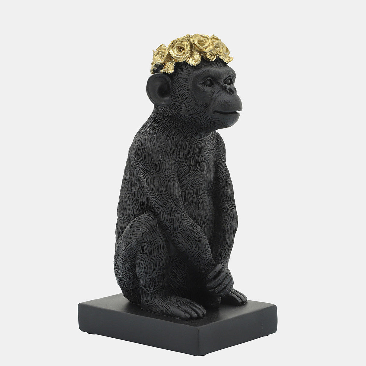 Res, 8" Monkey Flower Crown Figurine, Blk/gld