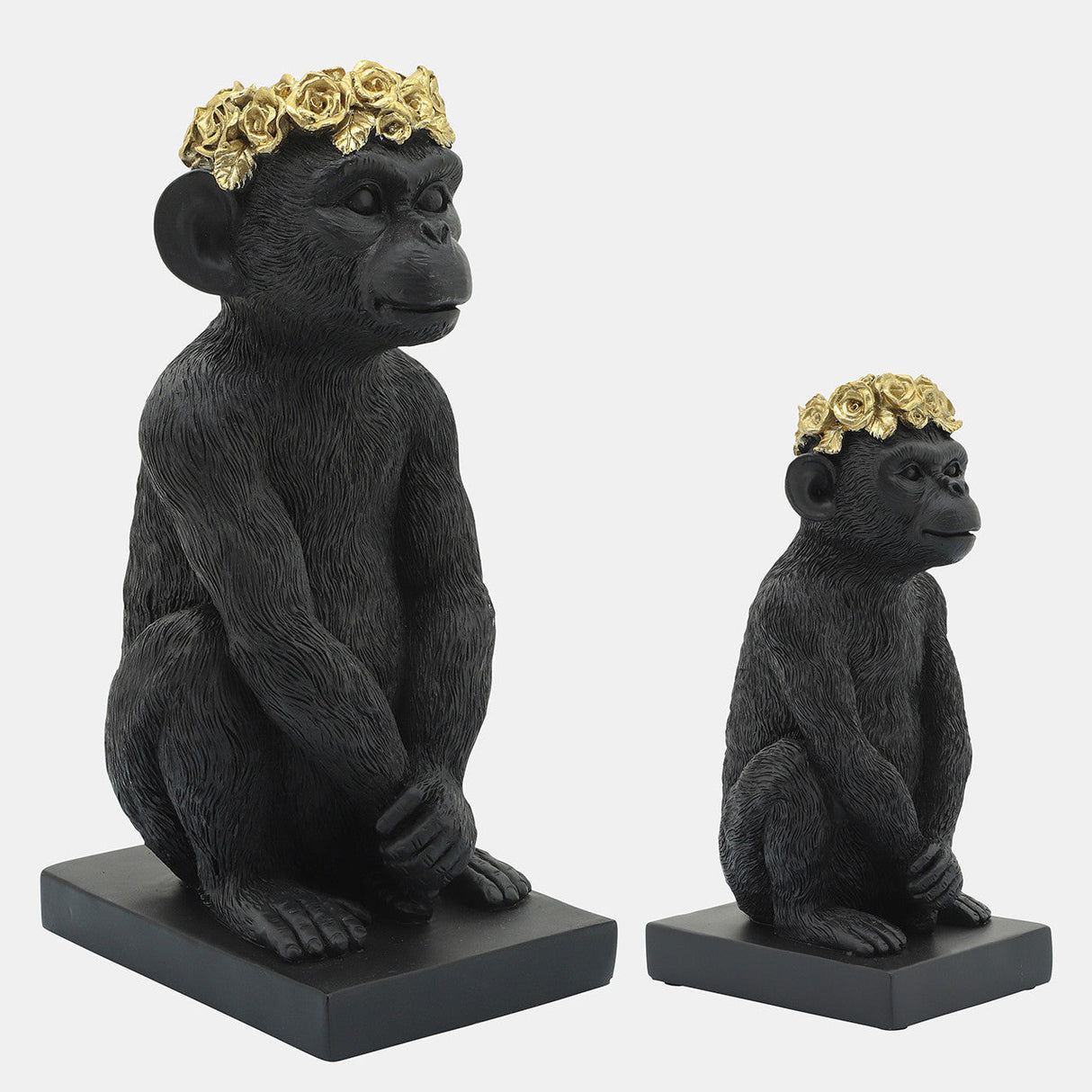 Res, 8" Monkey Flower Crown Figurine, Blk/gld