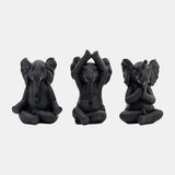 Resin, S/3, 8"h, Yoga Elephants, Blk