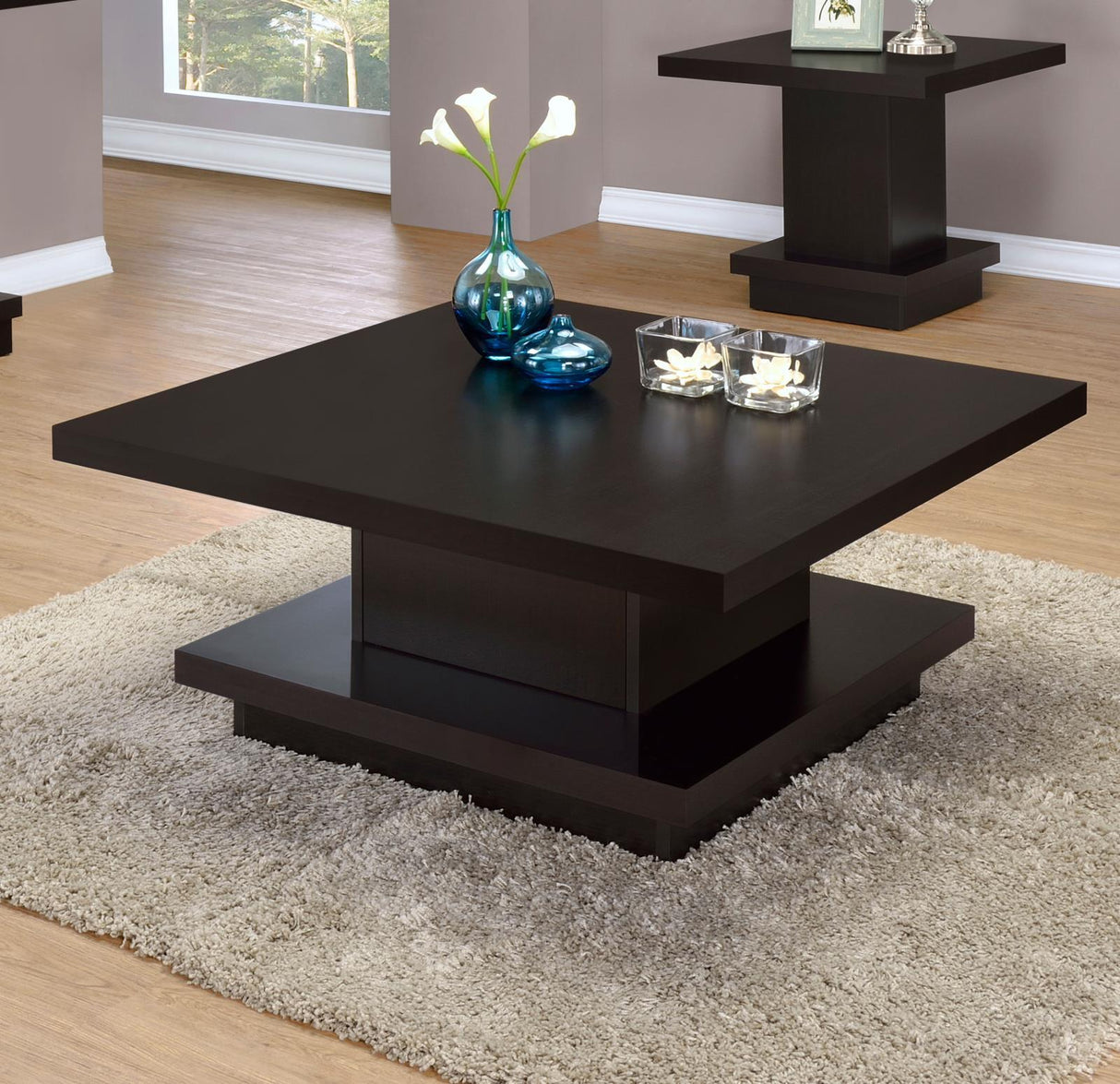 Reston Cappuccino Pedestal Square Coffee Table by Coaster at Eve Furniture