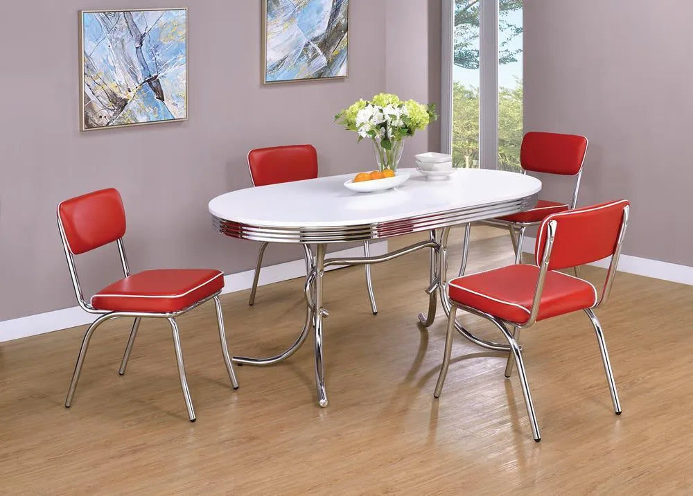 Retro Glossy White/Chrome Oval Dining Table by Coaster at Eve Furniture