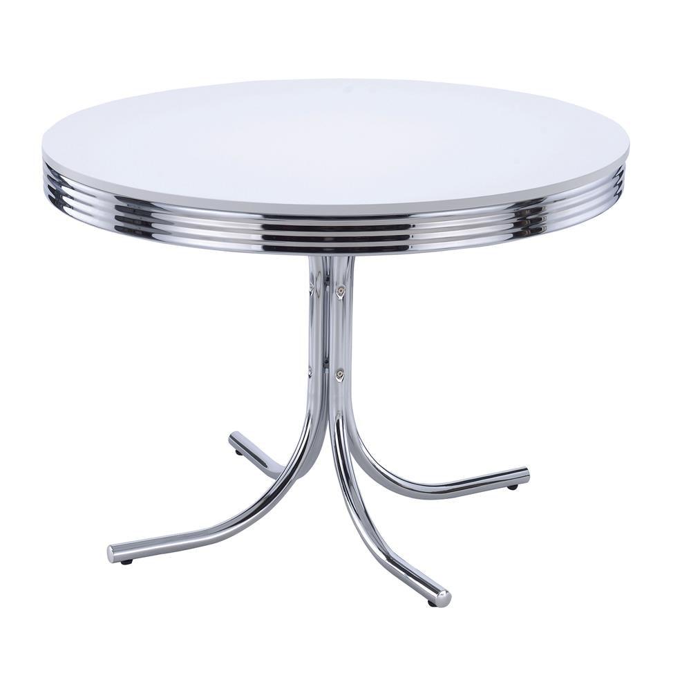 Retro Glossy White/Chrome Round Dining Table by Coaster at Eve Furniture