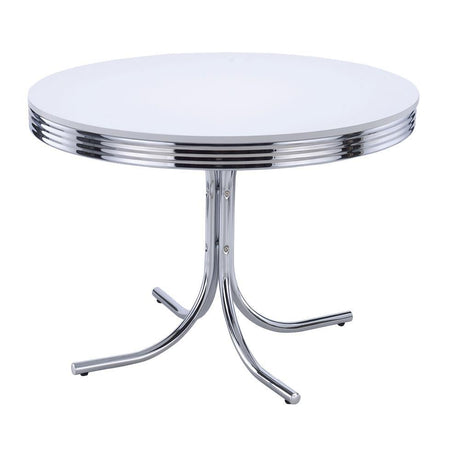 Retro Glossy White/Chrome Round Dining Table by Coaster at Eve Furniture