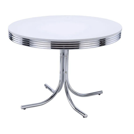 Retro Glossy White/Chrome Round Dining Table by Coaster at Eve Furniture
