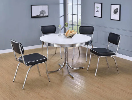 Retro Glossy White/Chrome Round Dining Table by Coaster at Eve Furniture