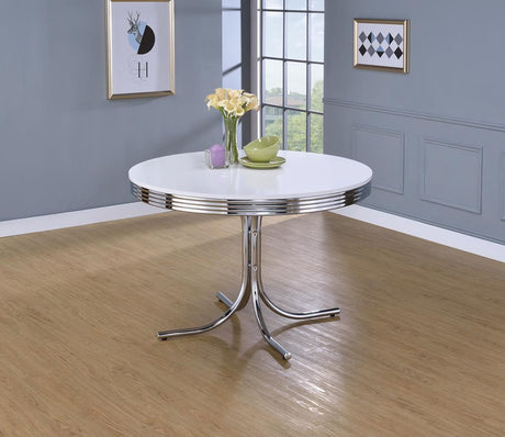 Retro Glossy White/Chrome Round Dining Table by Coaster at Eve Furniture