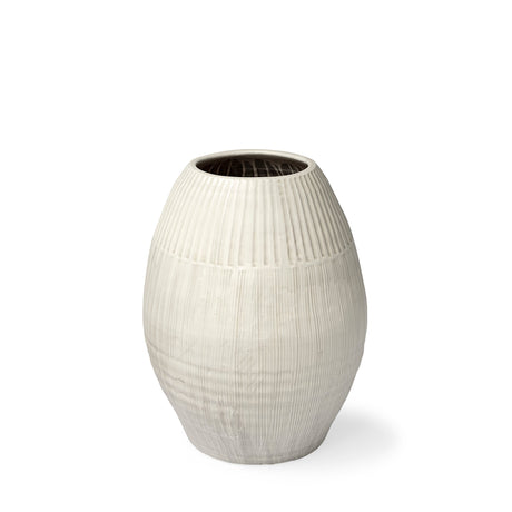 Reyan Small Pearl White Ceramic Striped Vase by Mercana at Eve Furniture