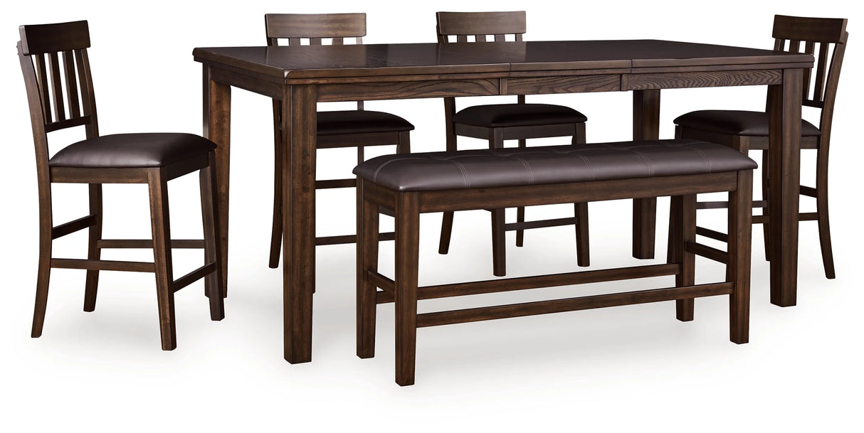 Haddigan Dark Brown Counter Height Dining Table with 4 Barstools and Bench