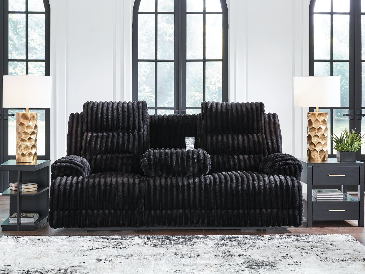 Rhine Falls Onyx Power Reclining Sofa with Drop Down Table by Ashley at Eve Furniture