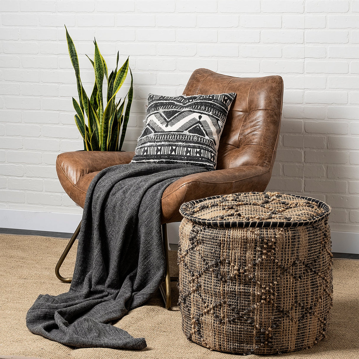 Riley Tan Jute Popcorn Stich Cylindrical Pouf by Mercana at Eve Furniture