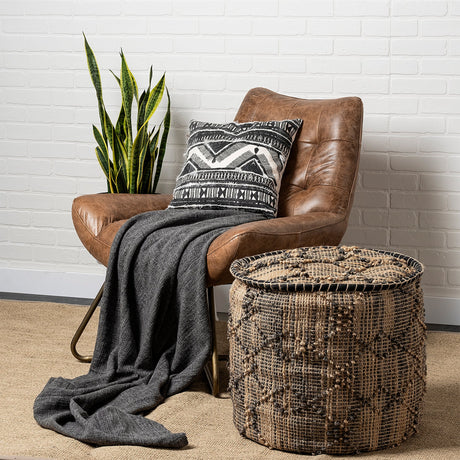 Riley Tan Jute Popcorn Stich Cylindrical Pouf by Mercana at Eve Furniture