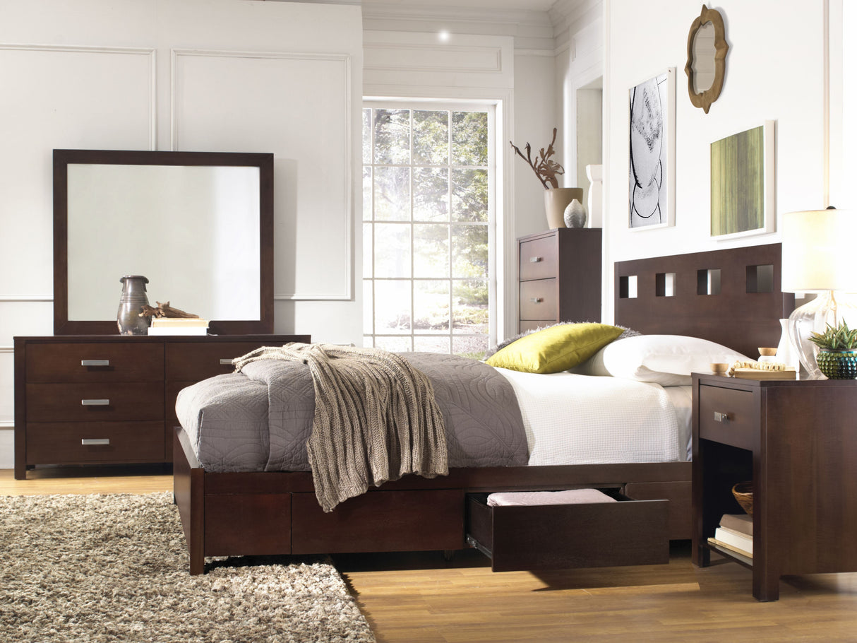 Riva Wood Eastern King Storage Bed in Chocolate Brown by Modus Furniture at Eve Furniture
